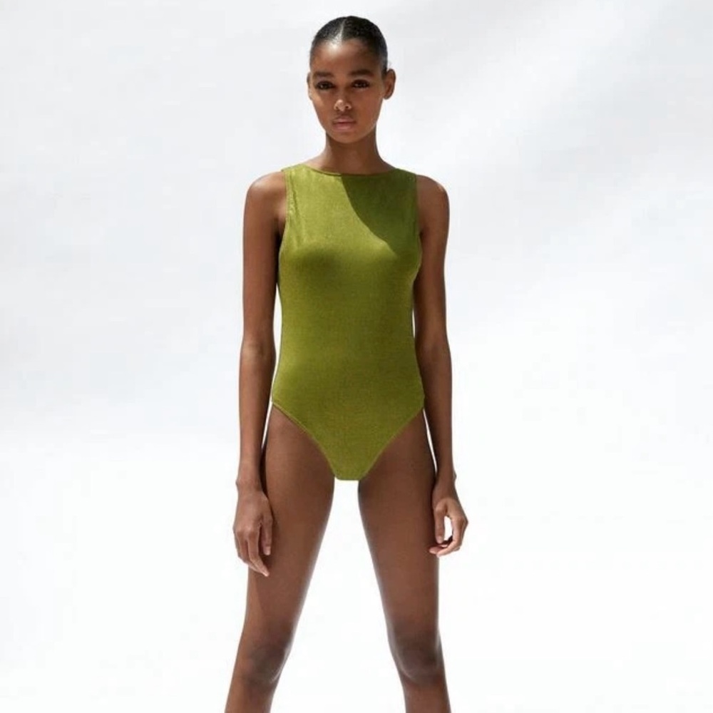 Zara Shimmered Olive Green Open Back Bodysuit Size Medium